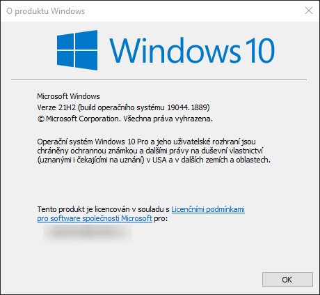 Okno z informacemi o právě používaném Windows