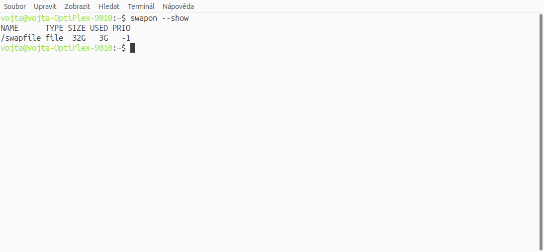 Velikost swapovaxího souboru Ubuntu MATE vyvolaná příkazem swapon --show