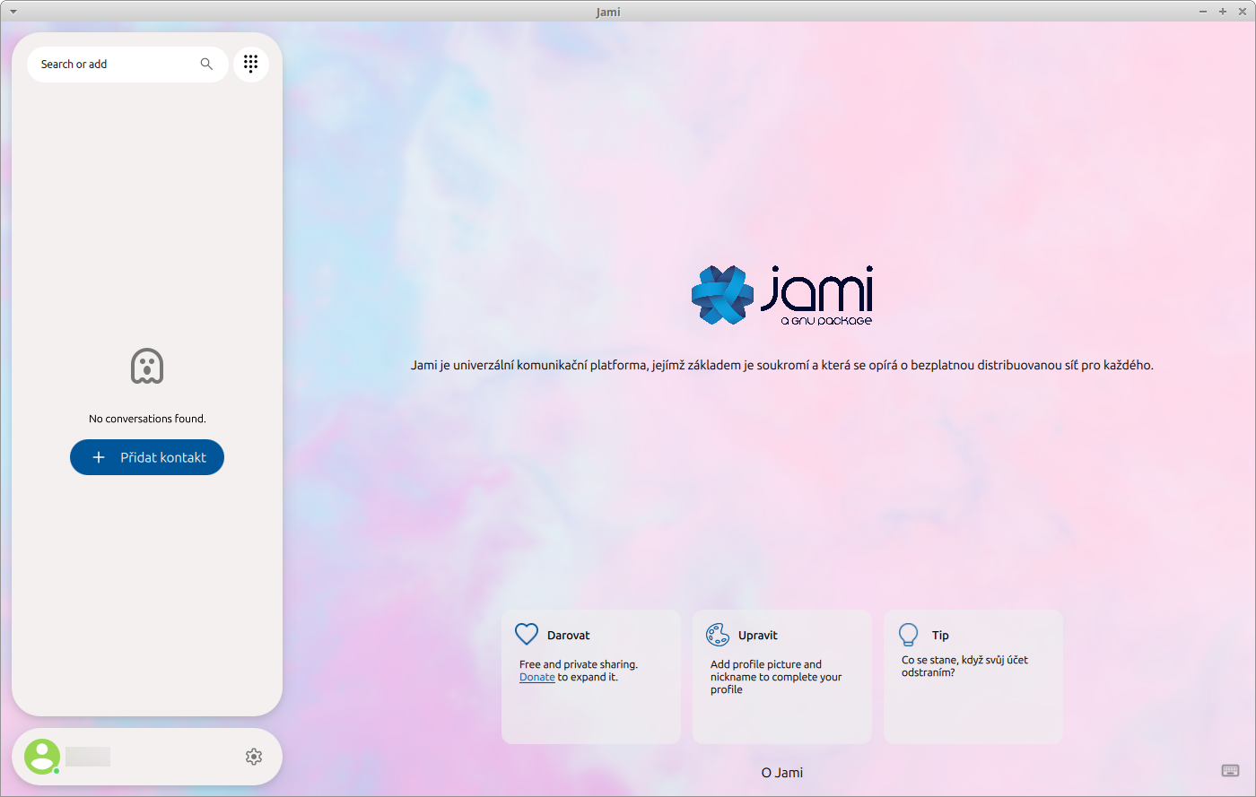 Aplikace Jami v Xubuntu s prázdným seznamem kontaktů