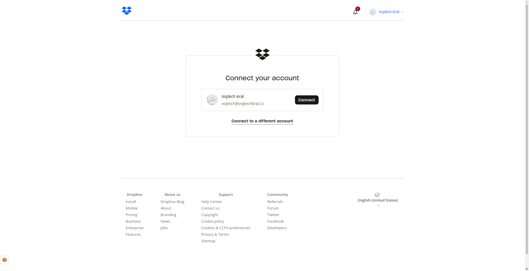 Dropbox požadavek propojení s účtem