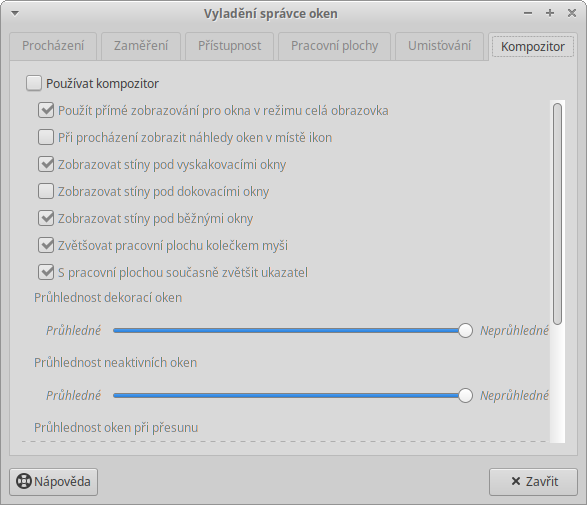 Vypnutý kompozitor ve Vyladění správce oken v Xubuntu