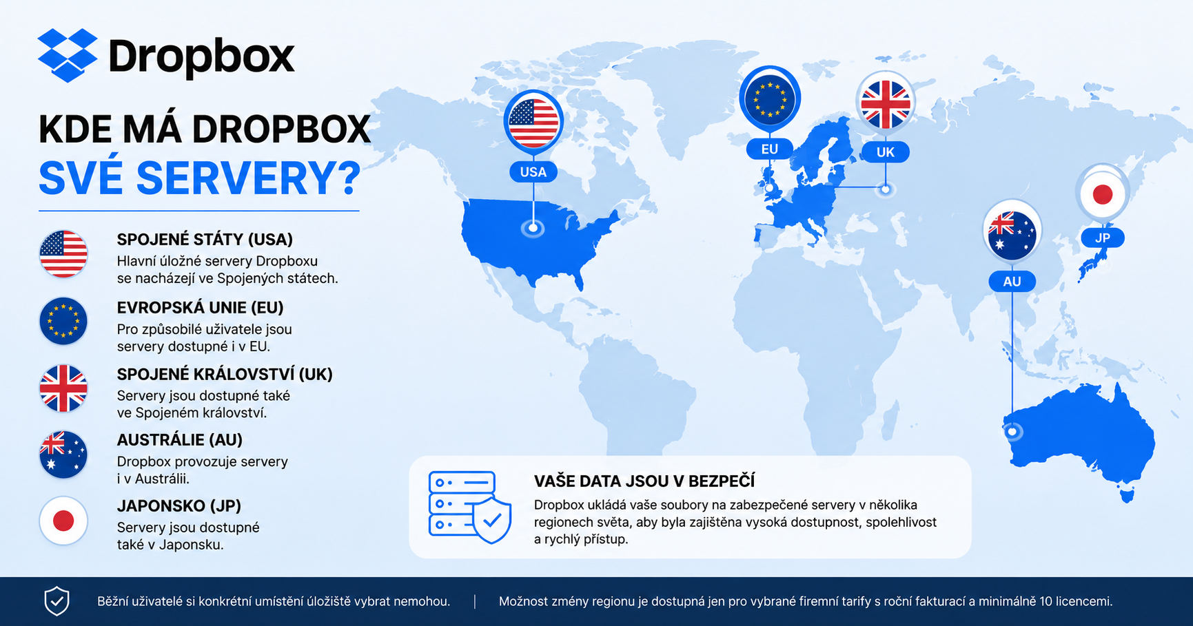 Mapa s lokalitami Dropbox serverů, generováno s ChatGPT