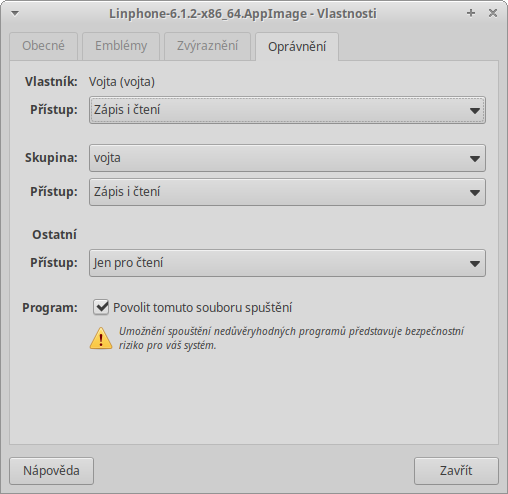 Nastavení oprávnění Linphone AppImage v Xubuntu