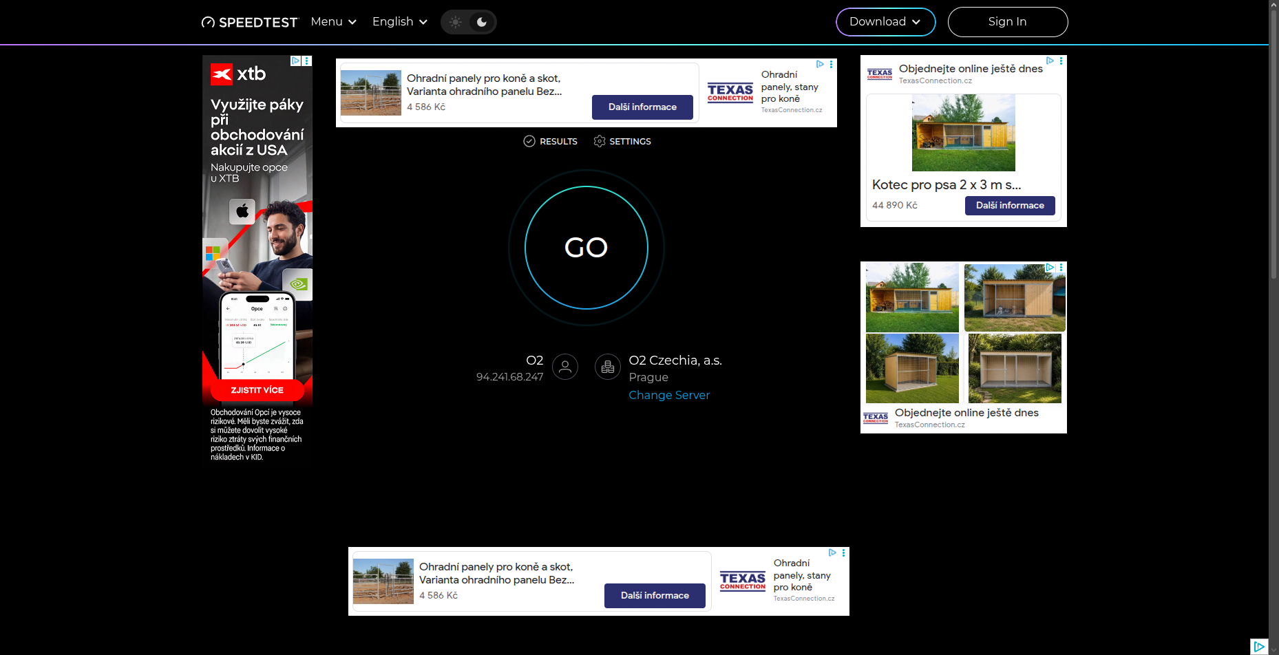 Speedtest v černé barvě s reklamami, vše od Google