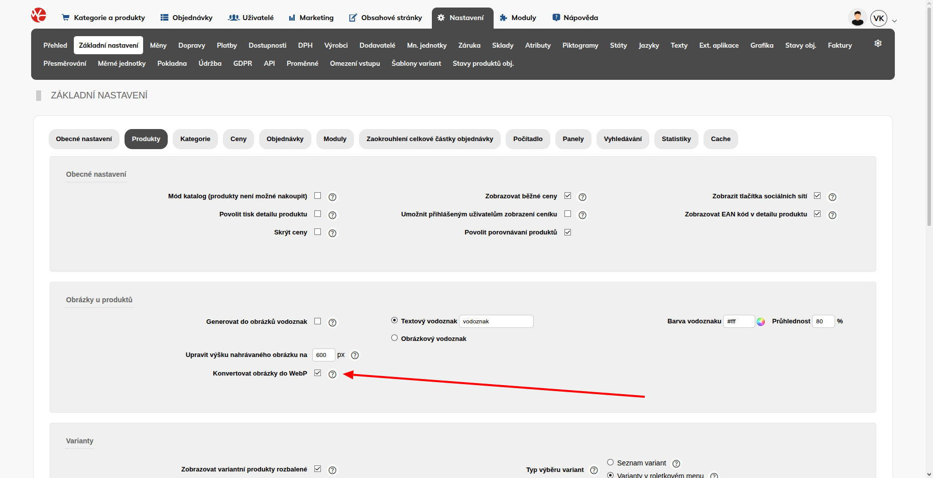 Zapnutí automatické konverze obrázků do formátu WebP u e-shopu WebCzech