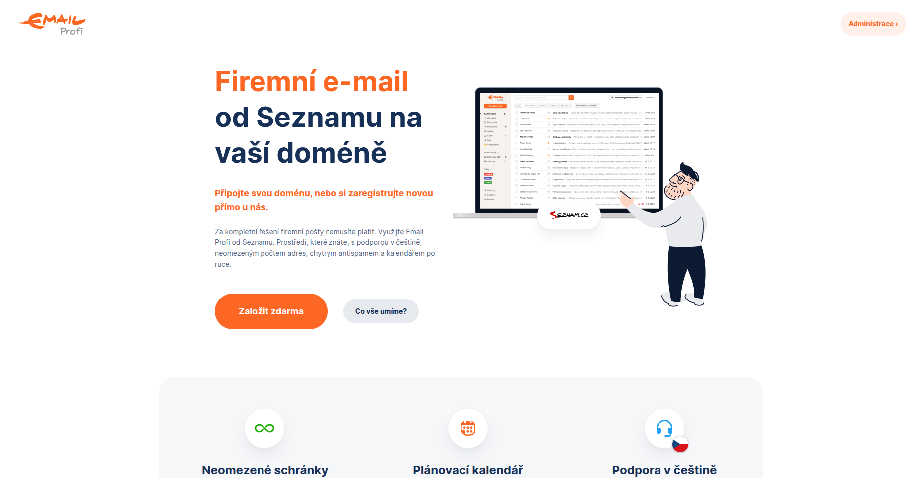 Firemní e-mail od Seznamu, titulní stránka s představením služby