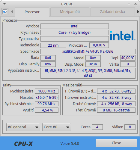 Hlavní okno CPU-X, první záložka procesor