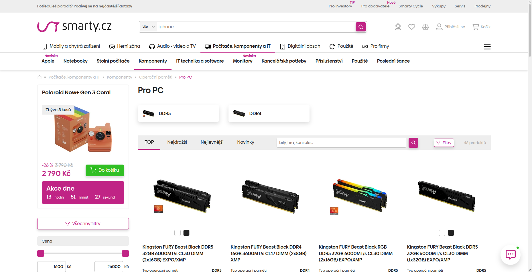 Na Smarty.cz DDR3 paměti už neprodávají, na snímku jsou vidět jen paměti DDR4 a DDR5