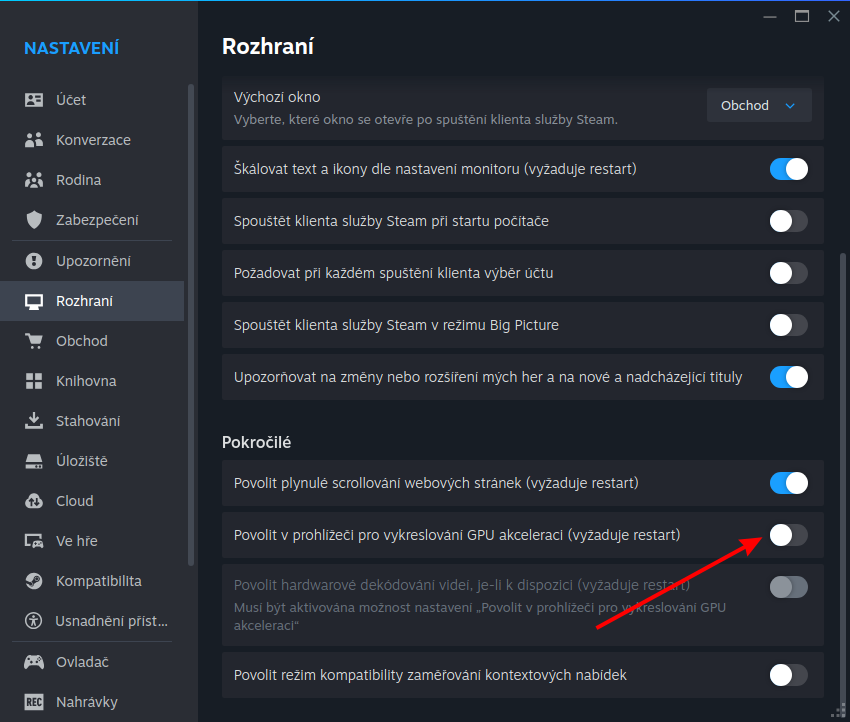 Nastavení rozhraní ve Steamu - vypnutí GPU akcelerace v prohlížeči