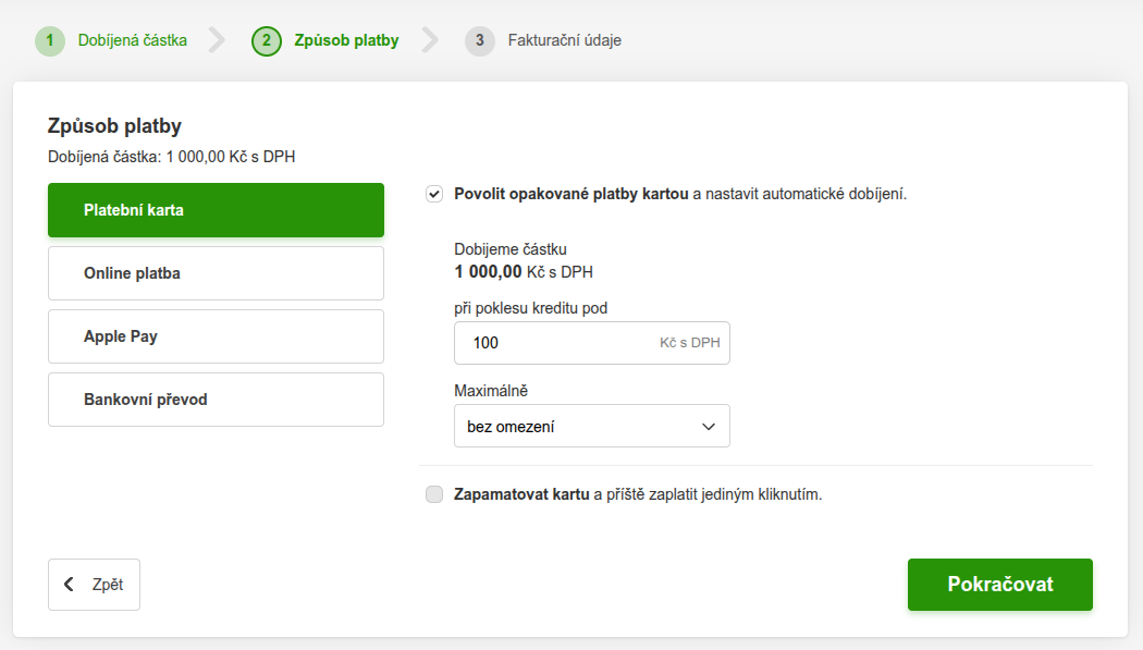 Snadné platby kartou, povolení opakovaného dobíjení
