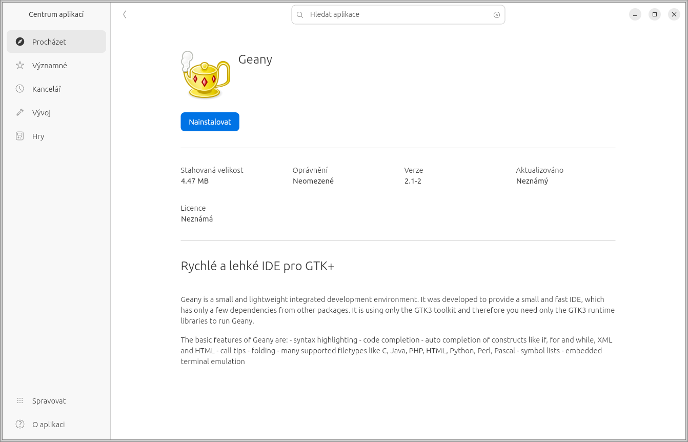 Geany jako DEB balíček v Centru aplikací Xubuntu – velikost 4,47 MB