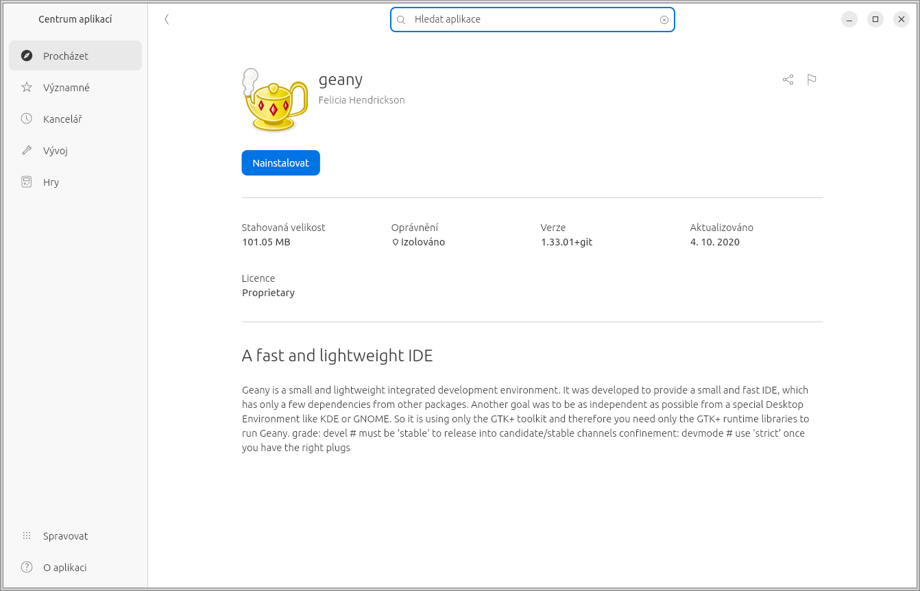 Geany jako Snap v Centru aplikací Xubuntu – velikost 101,05 MB