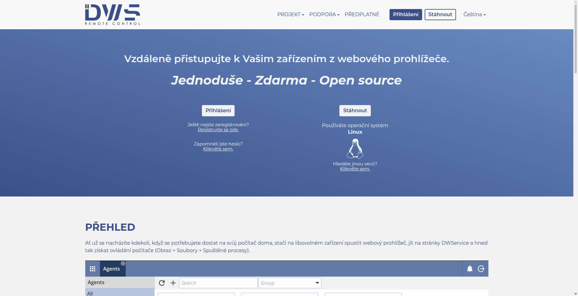 Hlavní okno webu DWS Remote Control (DWService)