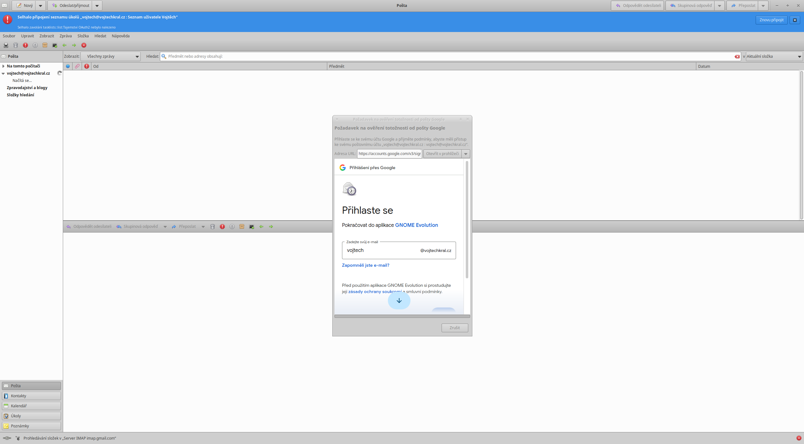 Chyba přihlášení OAuth2 v poštovním klientovi Evolution