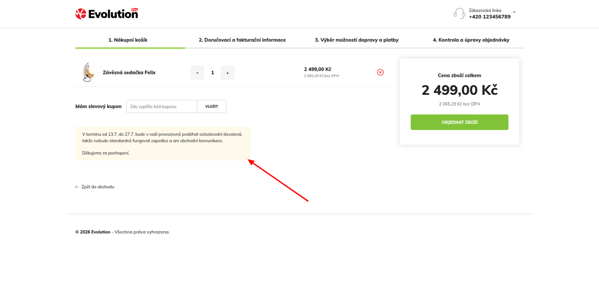 Informační blok o celozávodní dovolené v nákupním košíku e-shopu WebCzech
