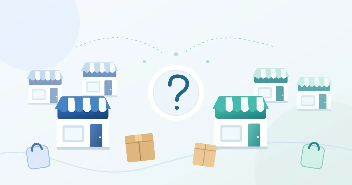 Ilustrace internetových obchodů s otazníkem symbolizujícím rozdílné statistiky počtu e-shopů v České republice