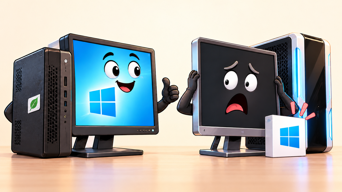 Repasovaný počítač s ekologickou nálepkou a Windows v ceně vedle nového PC, které potřebuje samostatnou licenci Windows.