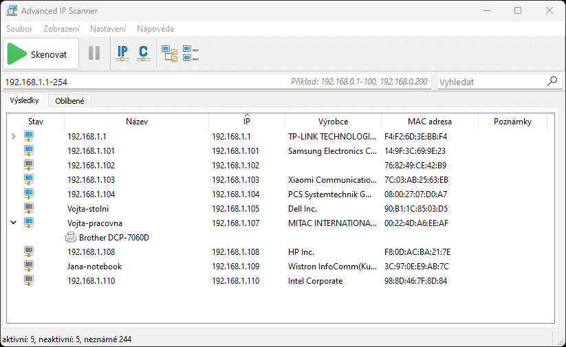 Snimek ze skenovani site programem Advanced IP Scanner