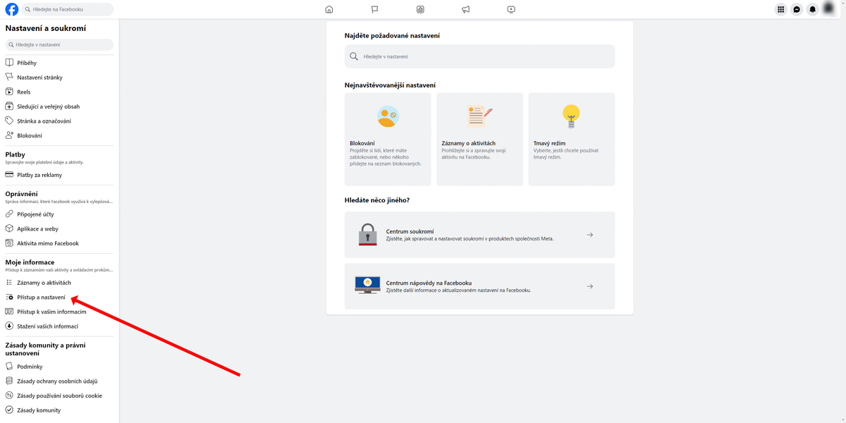 Facebook - Přístup a nastavení
