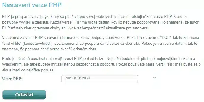 Nastaveni verze PHP u GIGASERVER