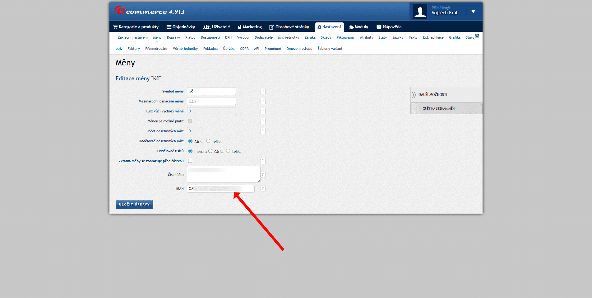 Zadani IBAN to Webczech e shopu pro generovani na dokladech