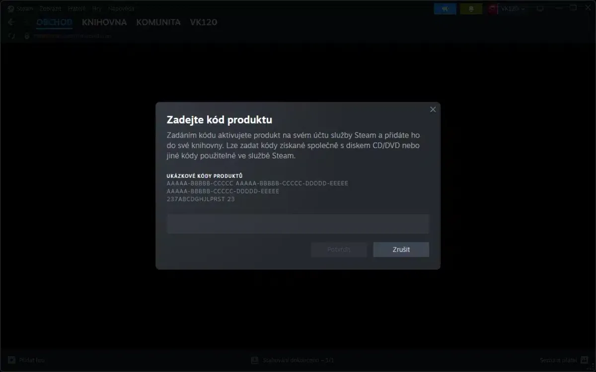 Zadani kodu produktu pro aktivaci ve sluzbe Steam