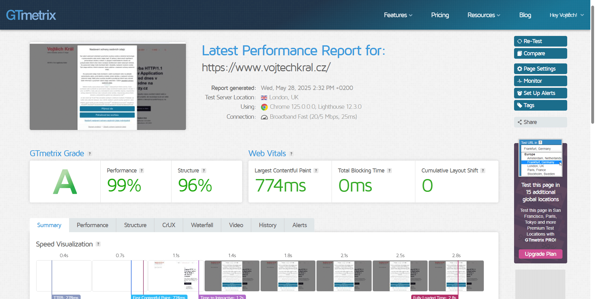 GTmetrix mereni webu VojtechKral.cz 