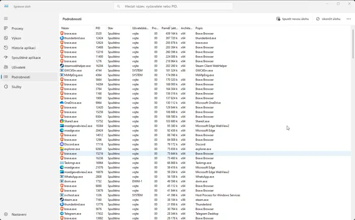 Zalozka Podrobnosti ve Spravci uloh Windows 11