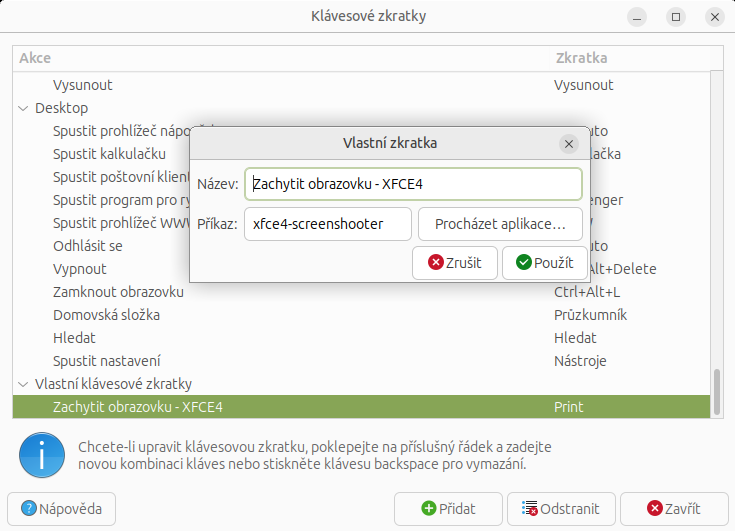 Klávesa PrtSc stále spouštěla chybnou aplikaci, tak jsem si nastavil vlastní zkratku