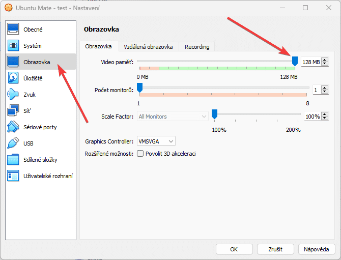 Fragmenty a sekání obrazu ve VirtualBoxu jsem vyřešil navýšením grafické paměti