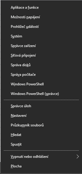 Power User menu, Windows 10