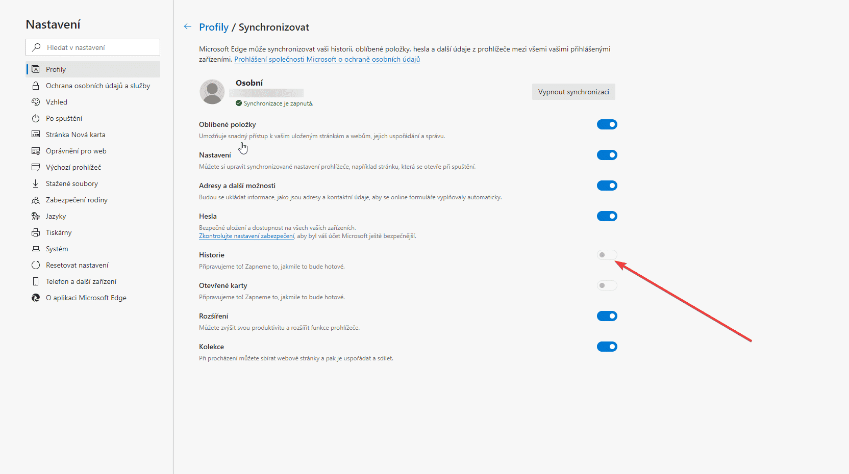 Historie prohlížeče Microsoft Edge se nesynchronizuje