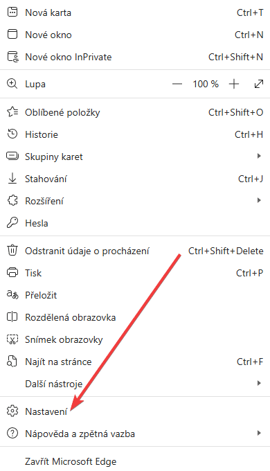 Položka Nastavení v Microsoft Edge