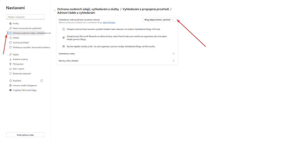 Změna výchozího vyhledávání v Microsoft Edge