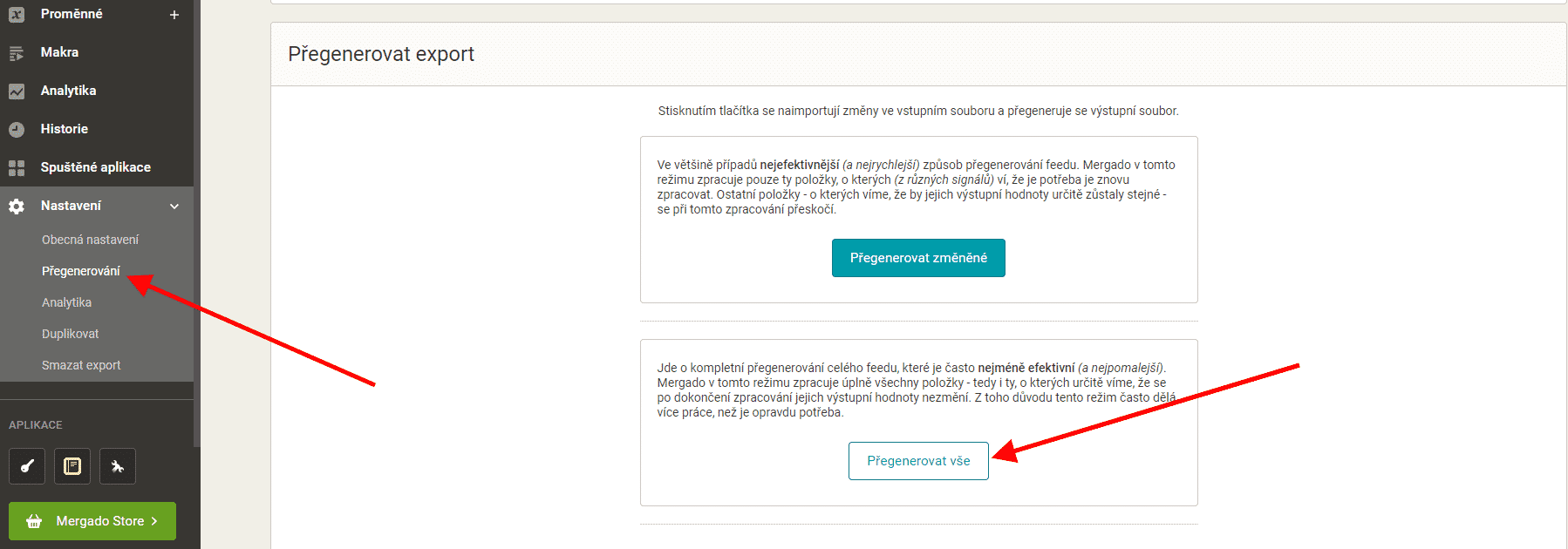 Mergado, ruční přegenerování feedu