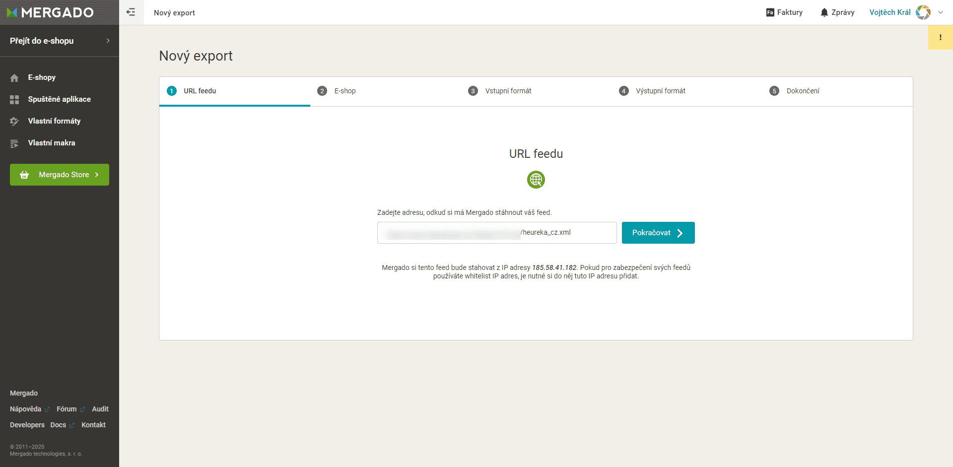 Mergado, vytvoření nového exportu z Heuréka feedu