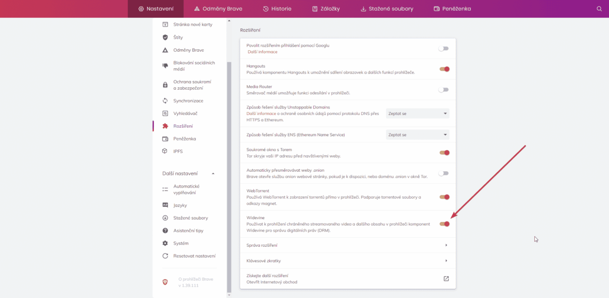 Zapnuté Widevine v prohlížeči Brave