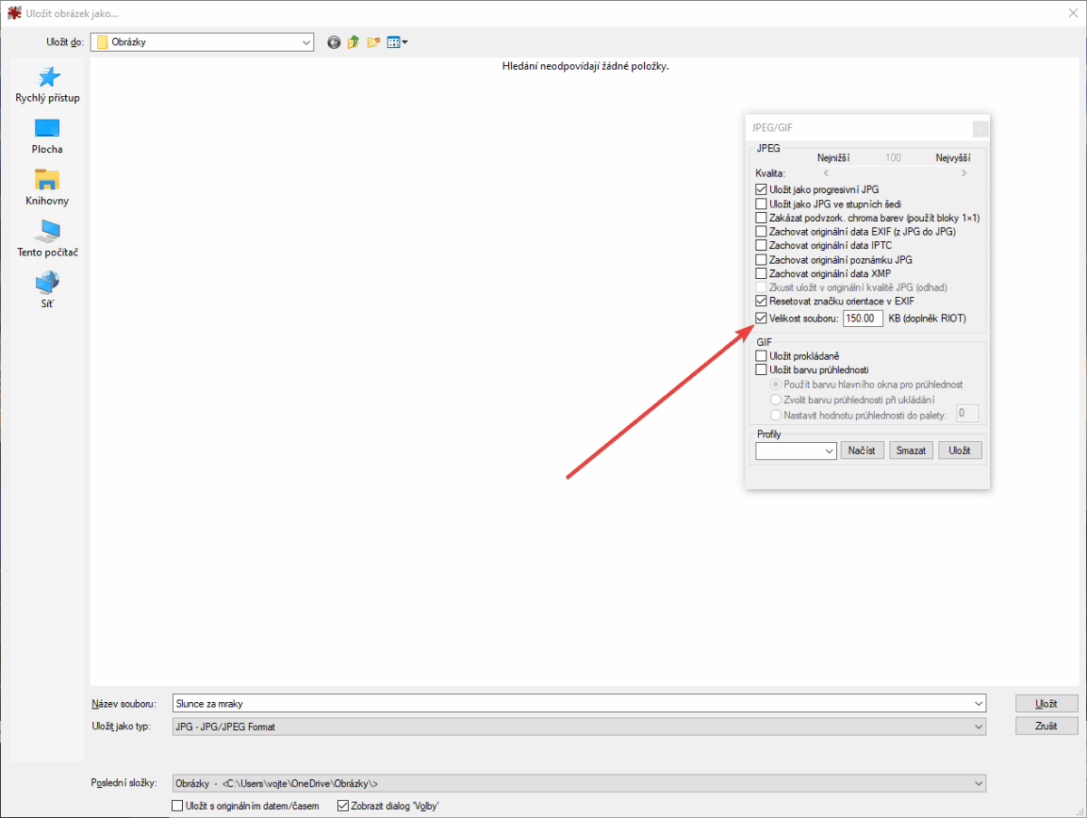 Nastavení limitu velikosti obrázku na 150 KB
