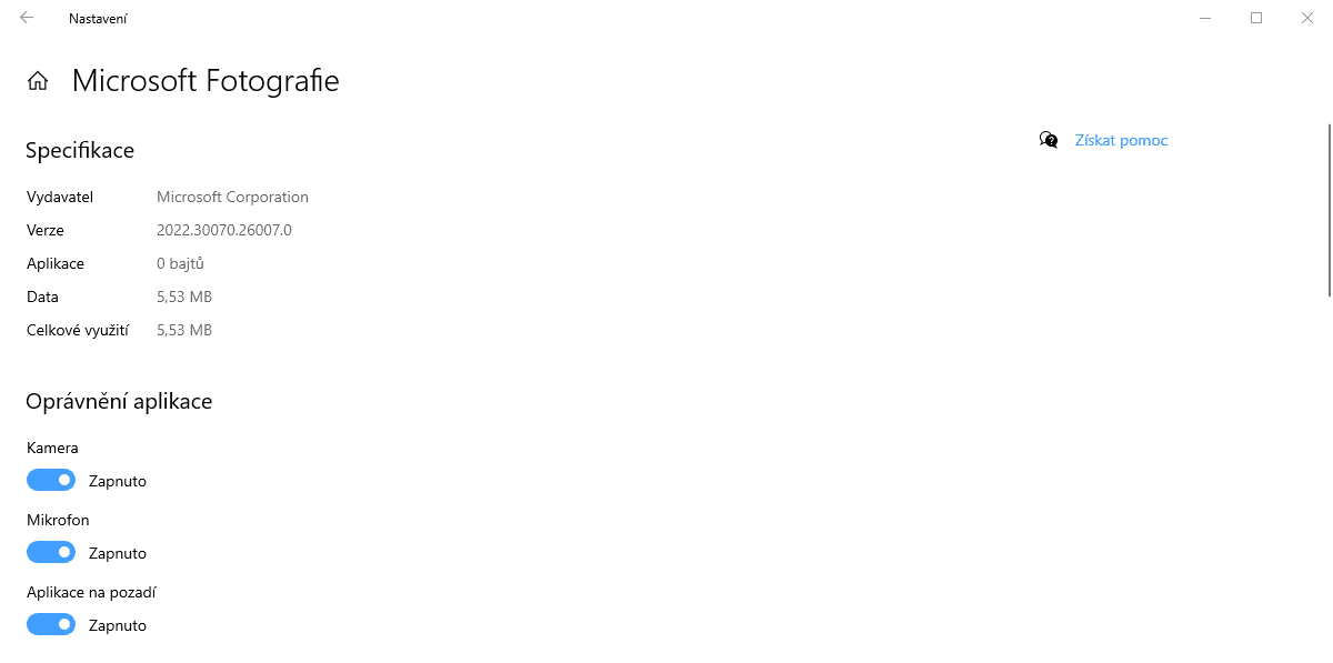 Specifikace aplikace Microsoft Fotografie, zkráceně Fotky