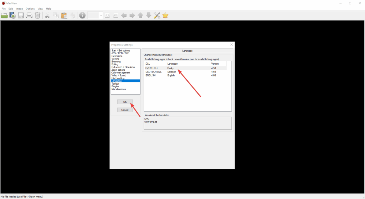 Změna jazyka na český v IrfanView