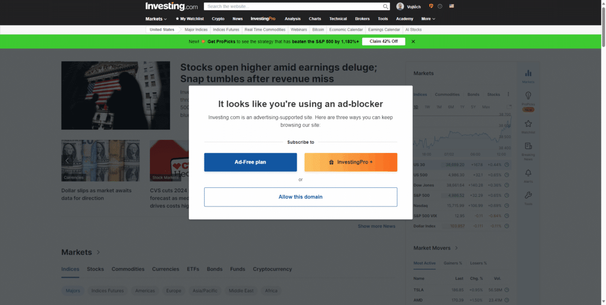Portál Investing.com s aktivním AdBlock Plus