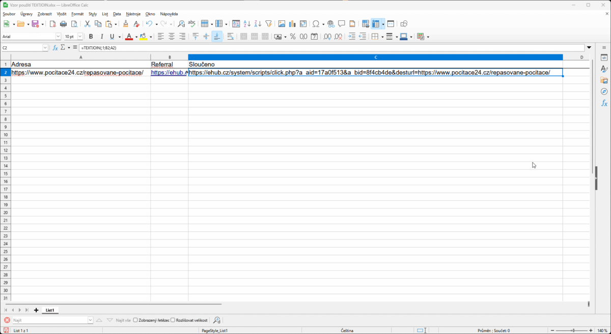 Vzor použití TEXTJOIN v LibreOffice