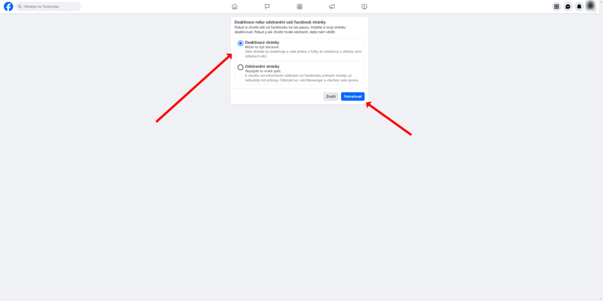 Deaktivace Facebook stránky