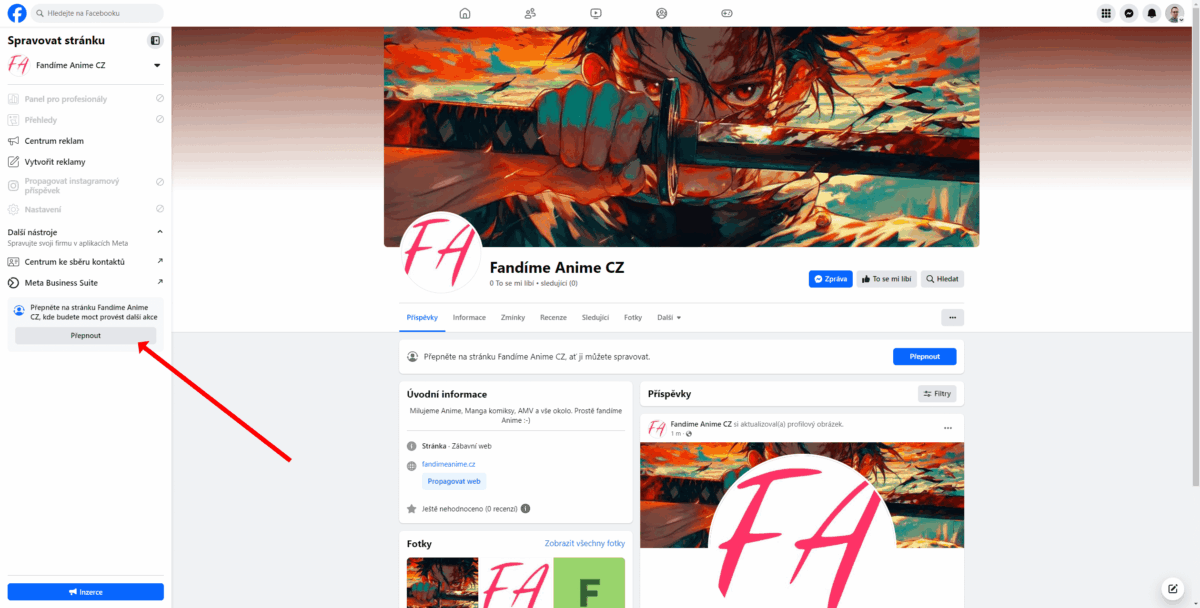 Snímek Facebook stránky Fandíme Anime CZ se šipkou označující, kde se přepnout do stránky