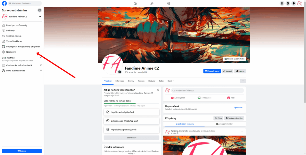 Snímek se šipkou směřující do nastavení stránky