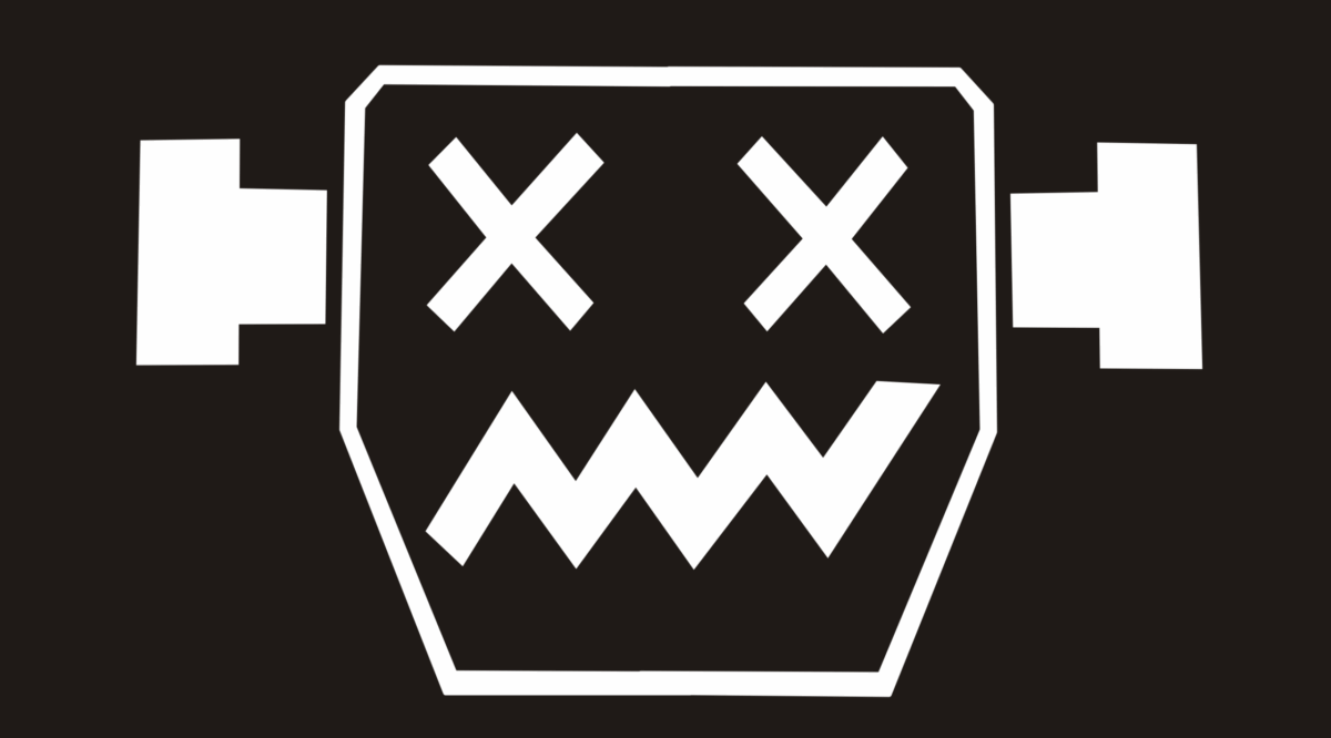 Bílá hlava nefunkčního robota na černém pozadí