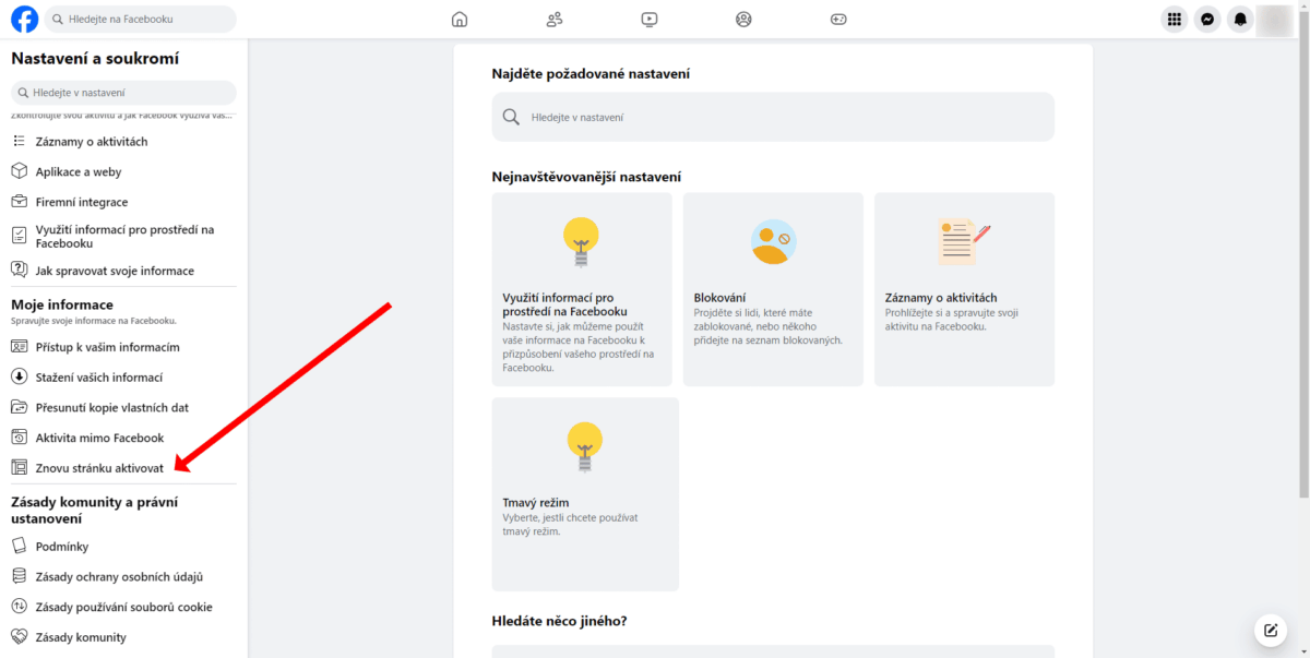 Položka aktivovace archivované Facebook stránky v nastavení profilu