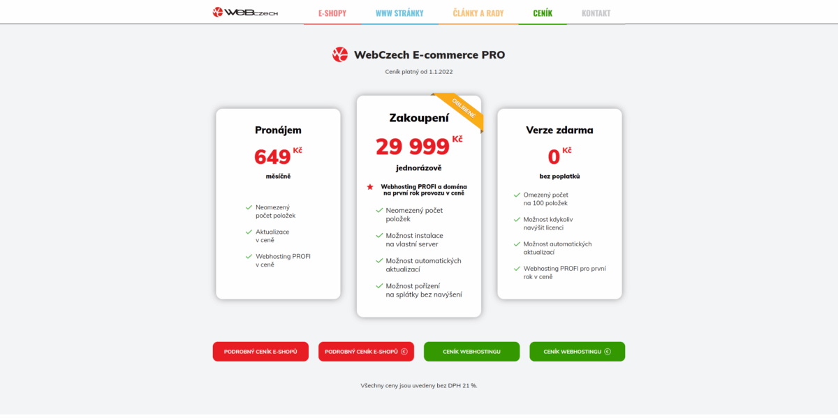Snímek webové stránky ceníku e-shopu WebCzech