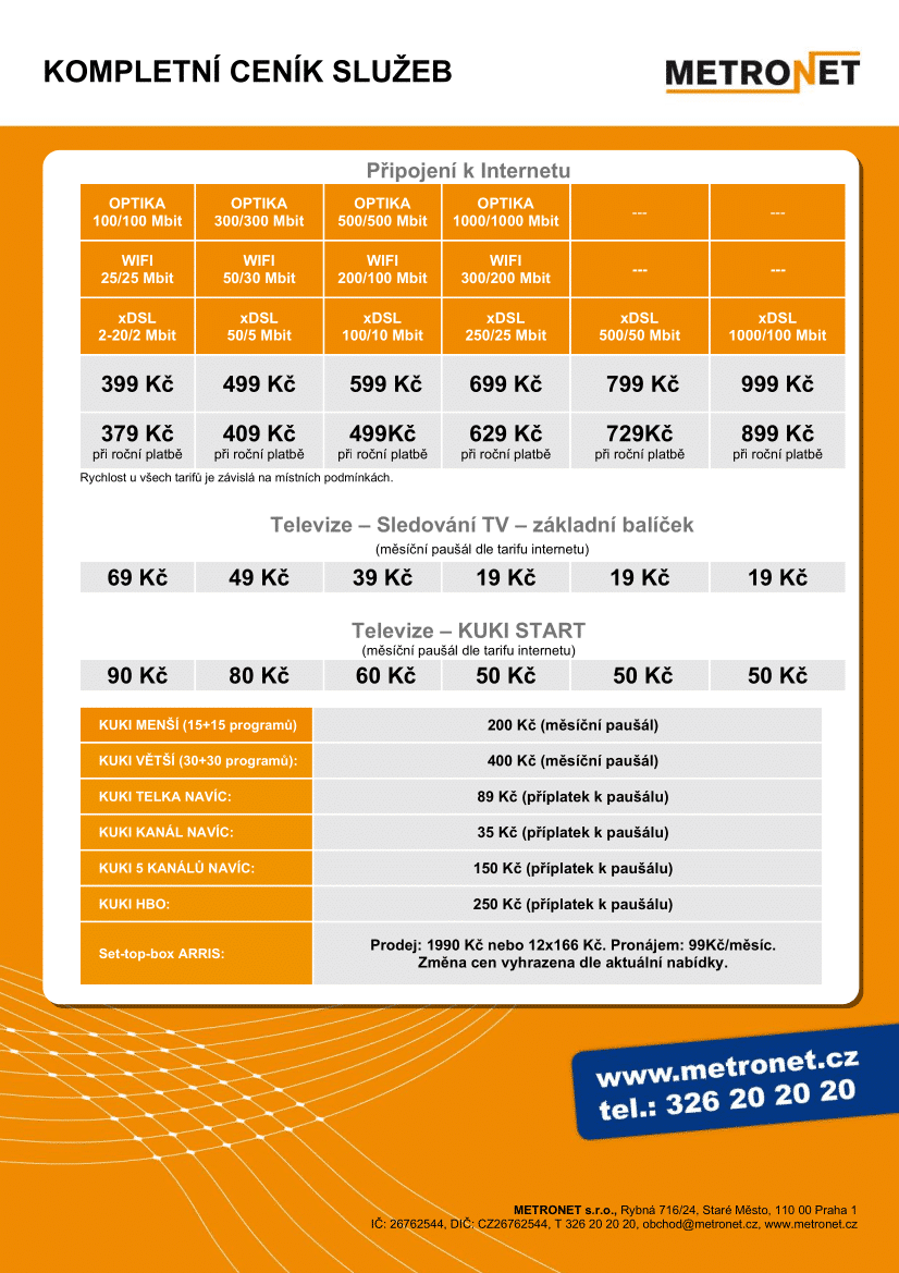 Starý neaktuální ceník služeb Metronet z roku 2020 ohledně připojení internetu a televize KUKI