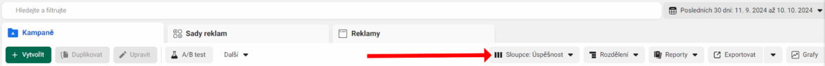 Změna výběru sloupců ve Správci reklam Facebooku s defaultně vybranou sadou Sloupce: Úspěšnost